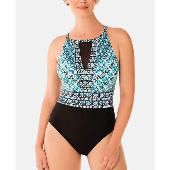 NWT Swim Solutions Multicolor High Neck Mesh One Piece Swimsuit 16 NWT $99 - Picture 1 of 1